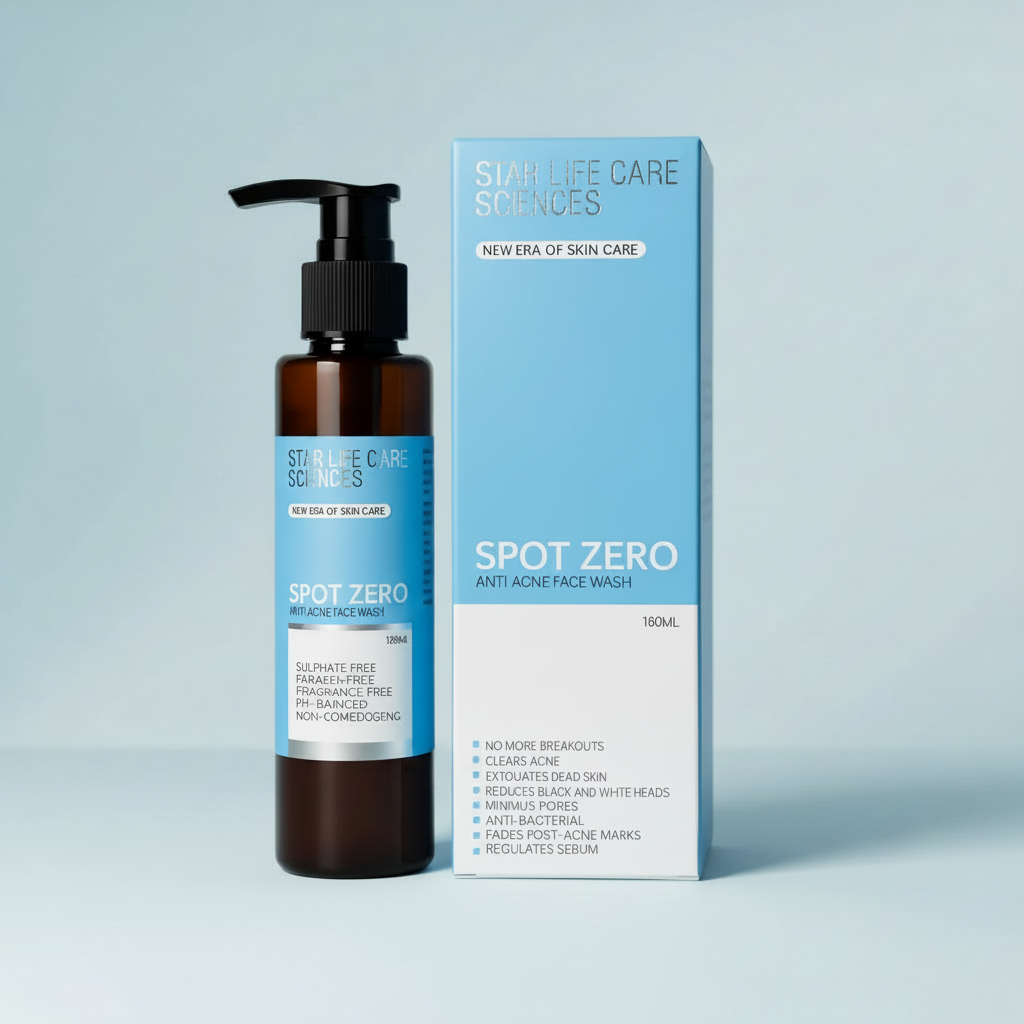 SPOT ZERO Anti Acne Face Wash by Star Life Care Sciences with Salicylic Acid and Niacinamide to cleanse acne-prone skin, control excess oil, and help prevent breakouts.